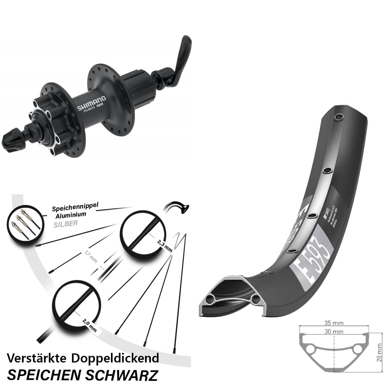 DT Swiss E593 Shimano FH-M475 29 Zoll Hinterrad 6-Loch für Schnellspanner 8-11 fach HG
