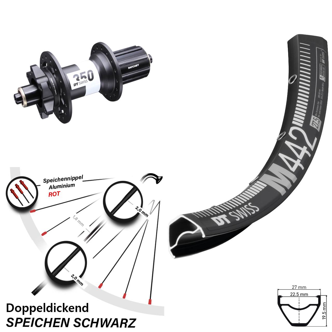Hinterrad M 442 DT Swiss 350 5x135 mm 6-Loch Disc 29 Zoll Schnellspanner 8-11 fach