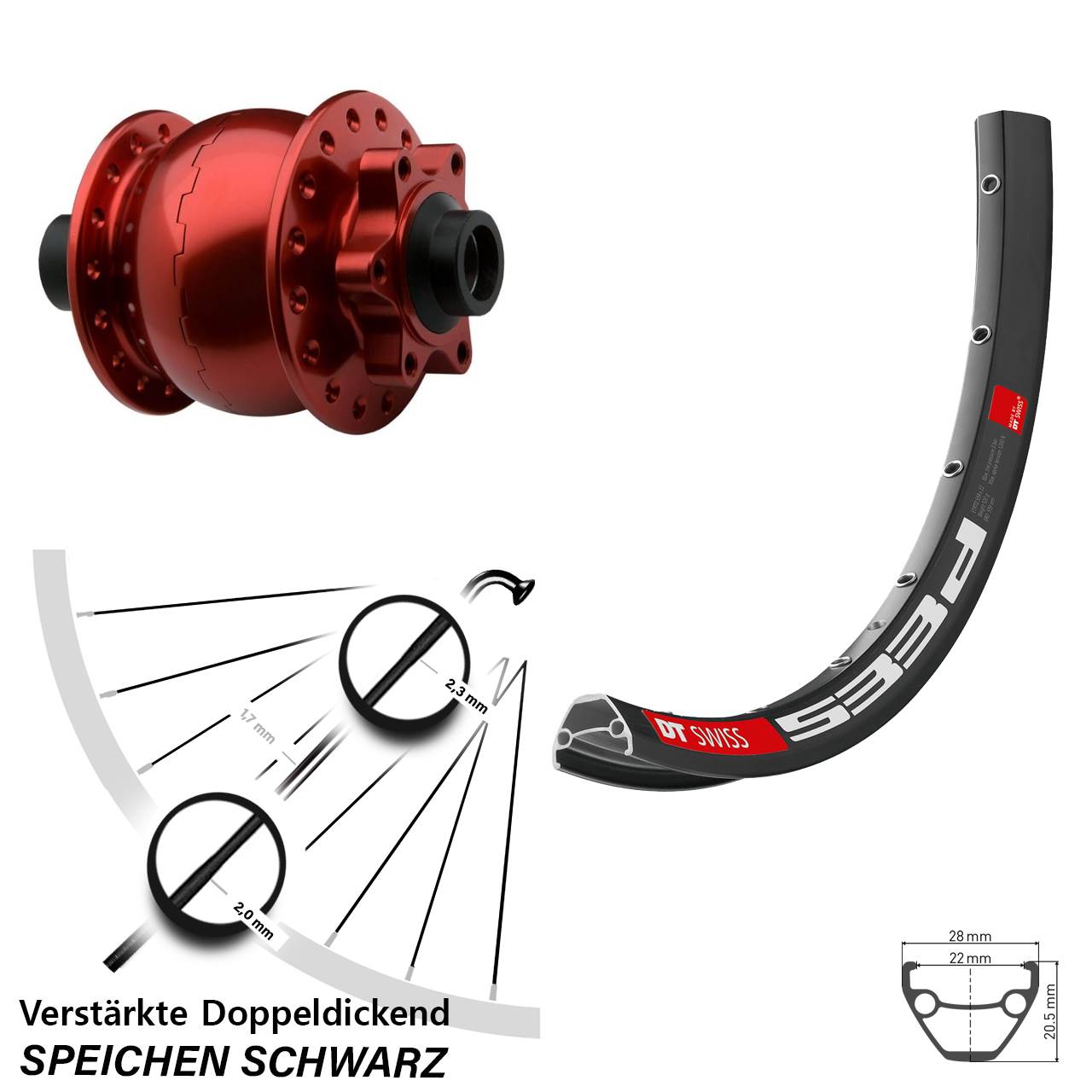 Vorderrad 27,5 Zoll DT Swiss 533D SON 28 15x100 6-Loch rot eloxiert