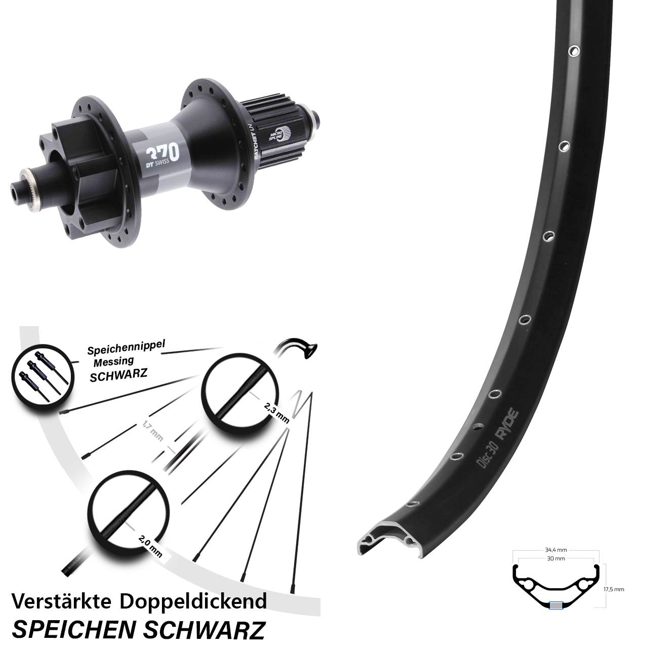 Boost Hinterrad 6-Loch für Schnellspanner 29 Zoll Ryde Disc 30 DT Swiss 370 Micro Spline