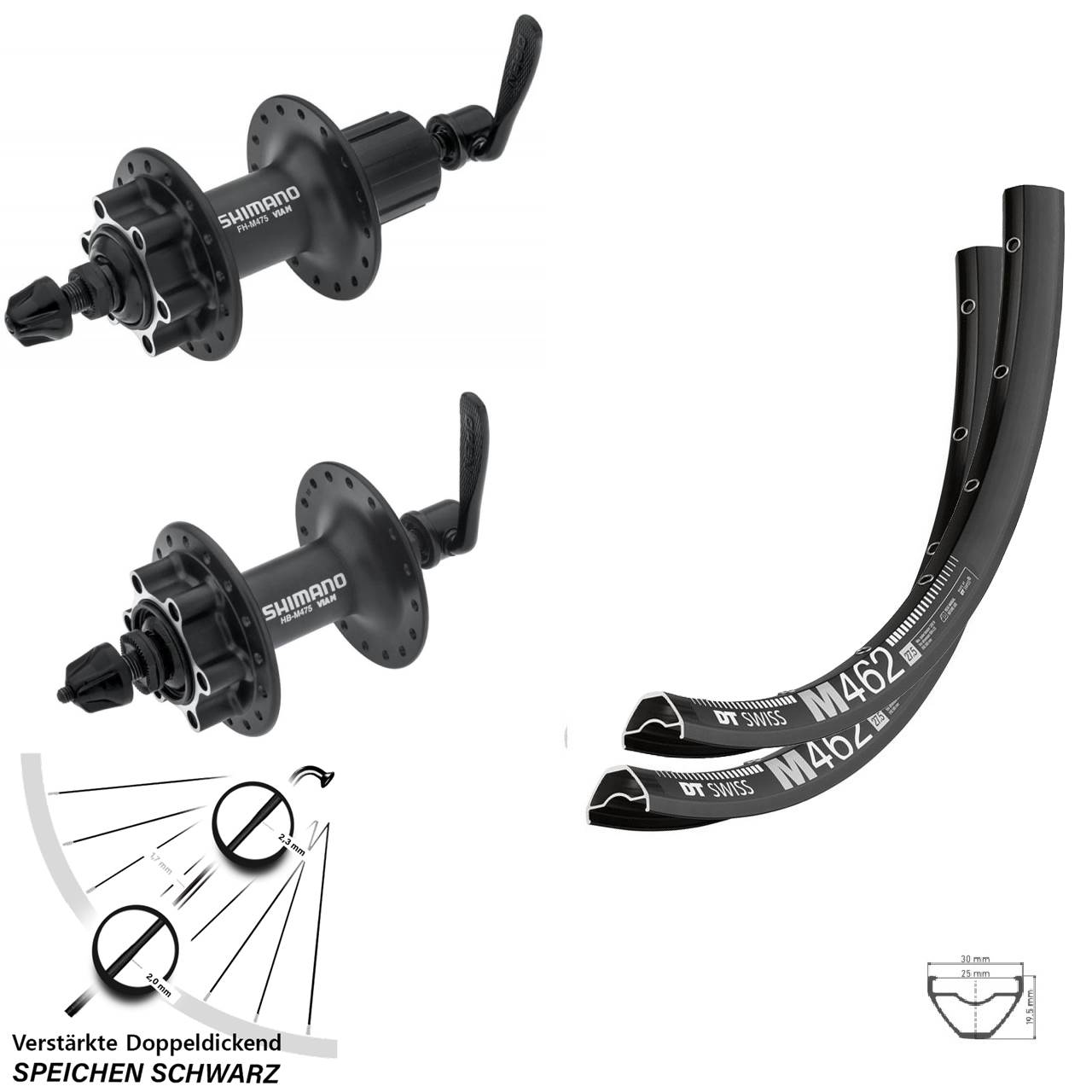 Laufradsatz 6-Loch QR 650B DT Swiss M462 Shimano HB-M475 Shimano FH-M475 8-11 fach