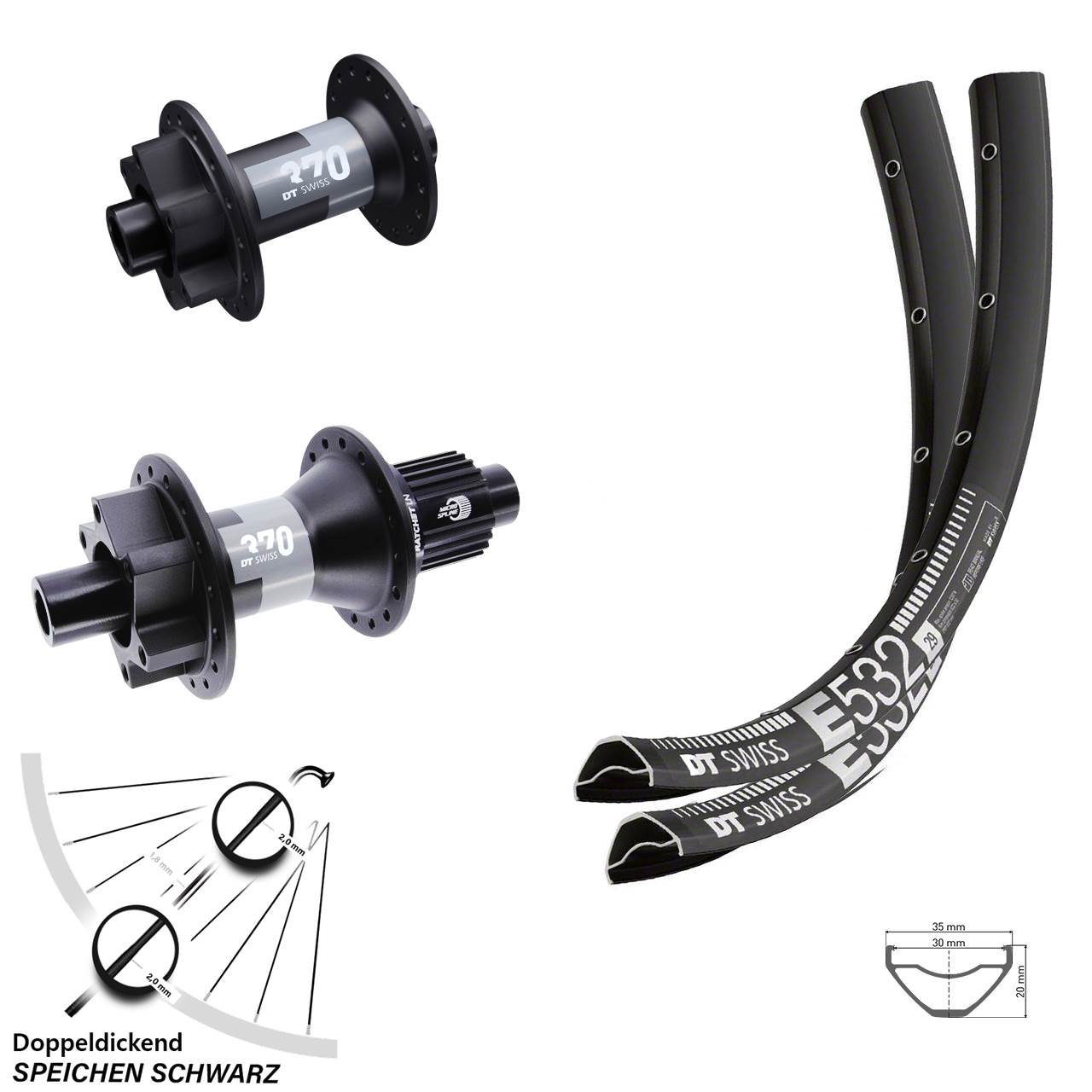Laufradsatz 29 Zoll DT Swiss E532 Disc 6-Loch 15x100/12x142-370 Micro Spline