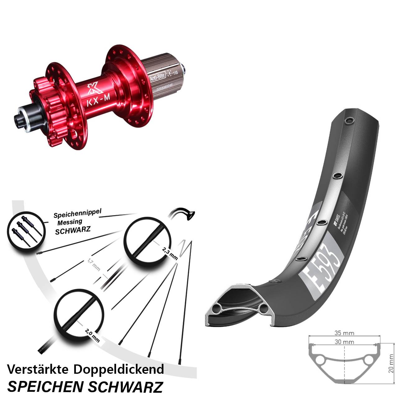 29 Zoll DT Swiss E 593 KX-M rot Disc Laufrad QR 8-12 fach