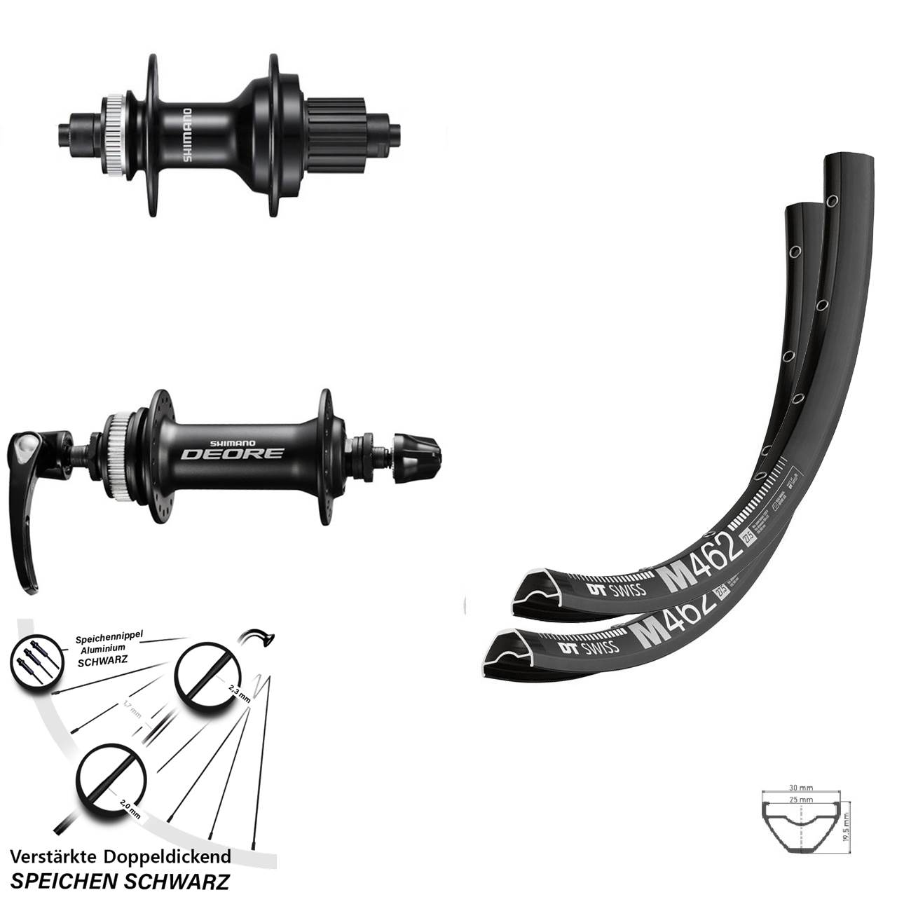 29 Zoll DT Swiss M462 Shimano MT500 Deore Disc Laufradsatz QR Micro Spline
