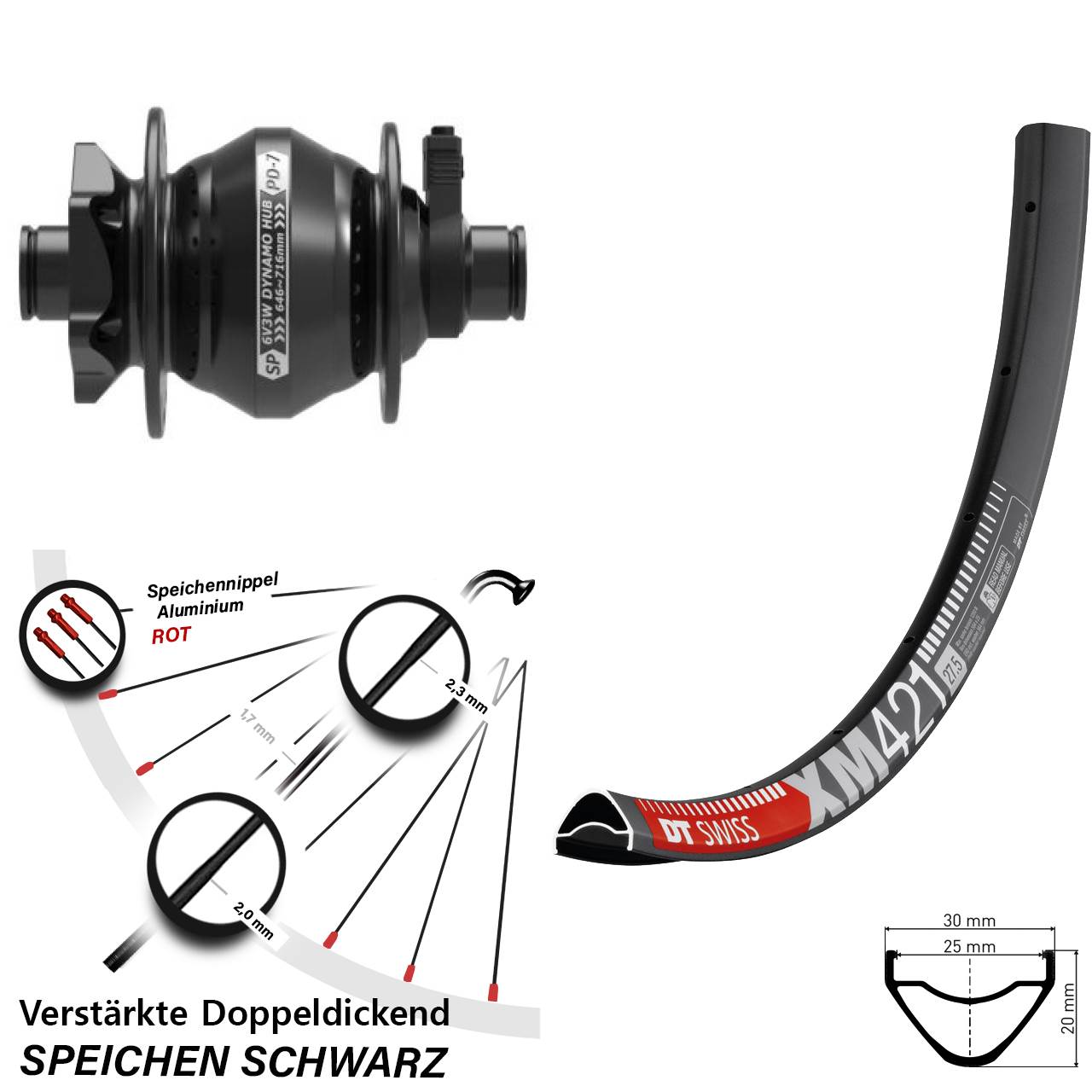 650B DT Swiss XM421 Shutter PD-7 6-Loch Nabendynamovorderrad 12x100