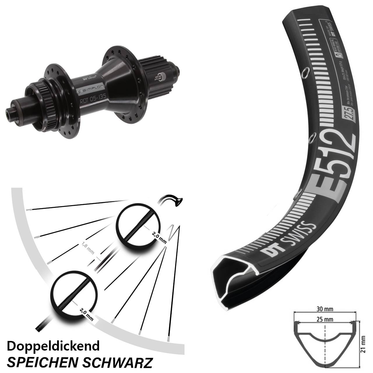 29 Zoll DT Swiss E512-370 Hybrid Disc Hinterrad für Schnellspanner Shimano Micro Spline