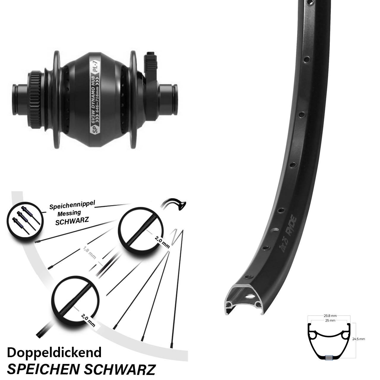 Disc Nabendynamovorderrad 28-29 Zoll Ryde ZAC 25 Shutter Precision PL-7 12x100