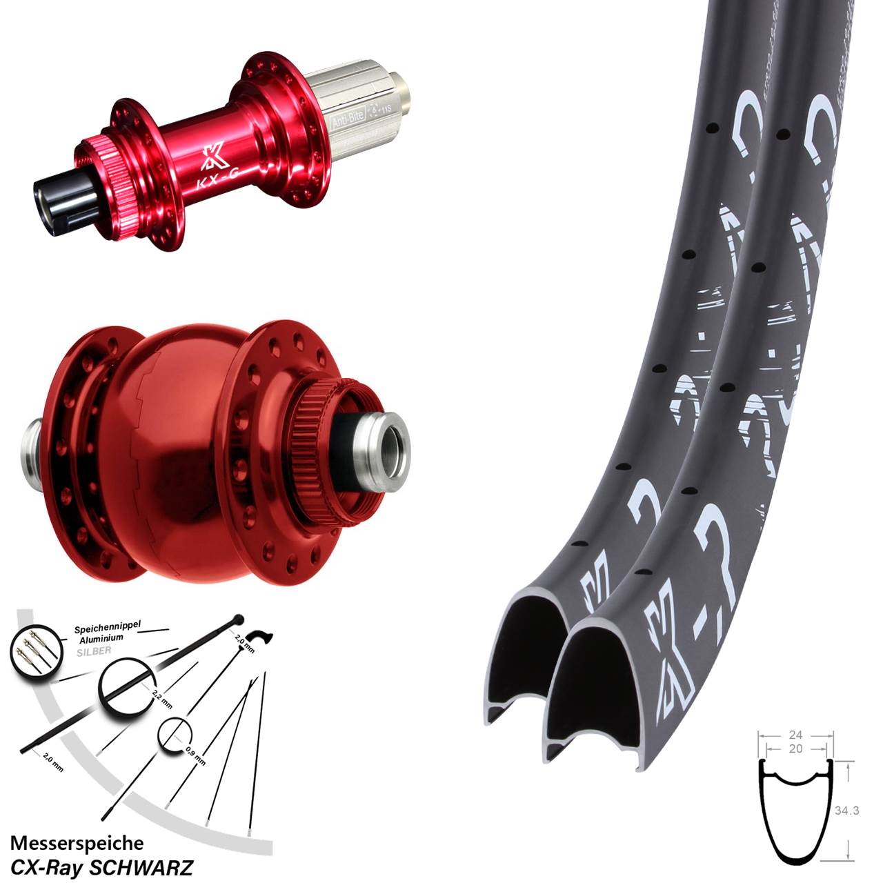 Disc Laufradsatz 28-29 Zoll KX-GR Road rot SON 28 8-12 fach 12x100/142 CX-Ray