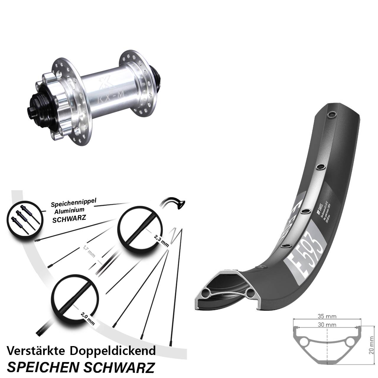 Vorderrad 6-Loch 27,5 Zoll DT Swiss E 593 KX-M für Schnellspanner