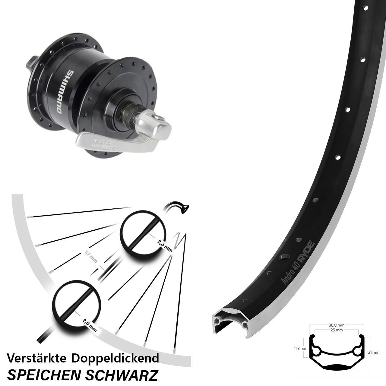 Nabendynamolaufrad 28 Zoll Ryde Andra 40 Shimano DH-3N72 QR