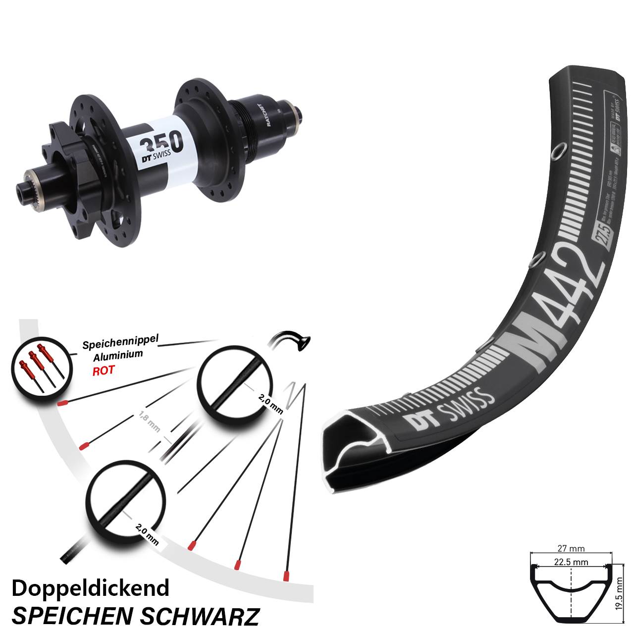 Hinterrad 28 Zoll DT Swiss M 442-350 6-Loch XD QR