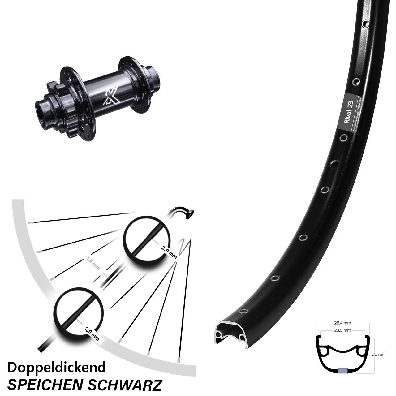Disc Vorderrad 27,5 Zoll Ryde Rival 23 KX-M 20x110 non Boost