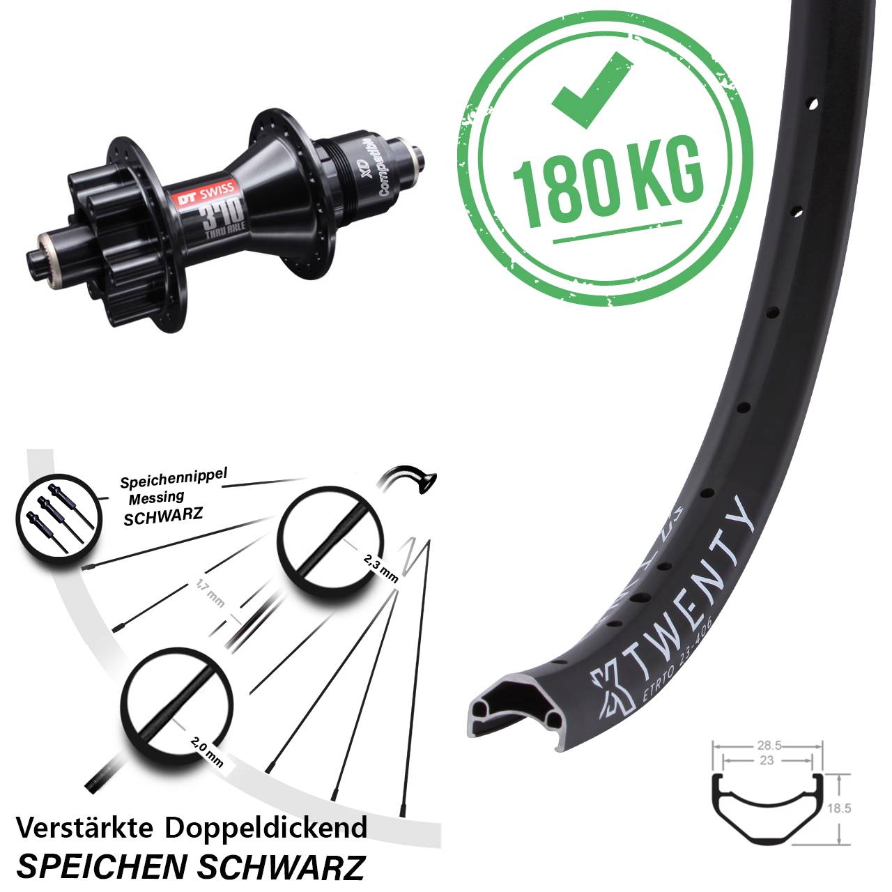 20 Zoll Hinteres Rad KX Twenty verstärkt DT Swiss 370 6-Loch Sram XD Schnellspanner