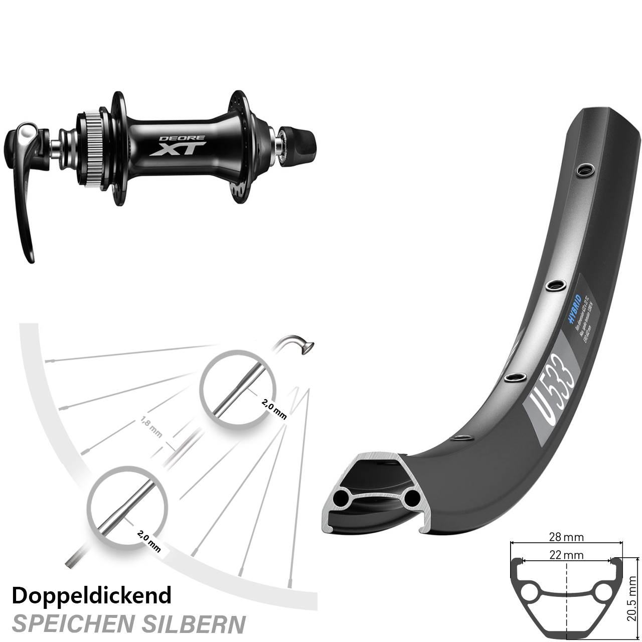 28-29 Zoll DT Swiss U533 Shimano Deore XT Disc Vorderrad QR