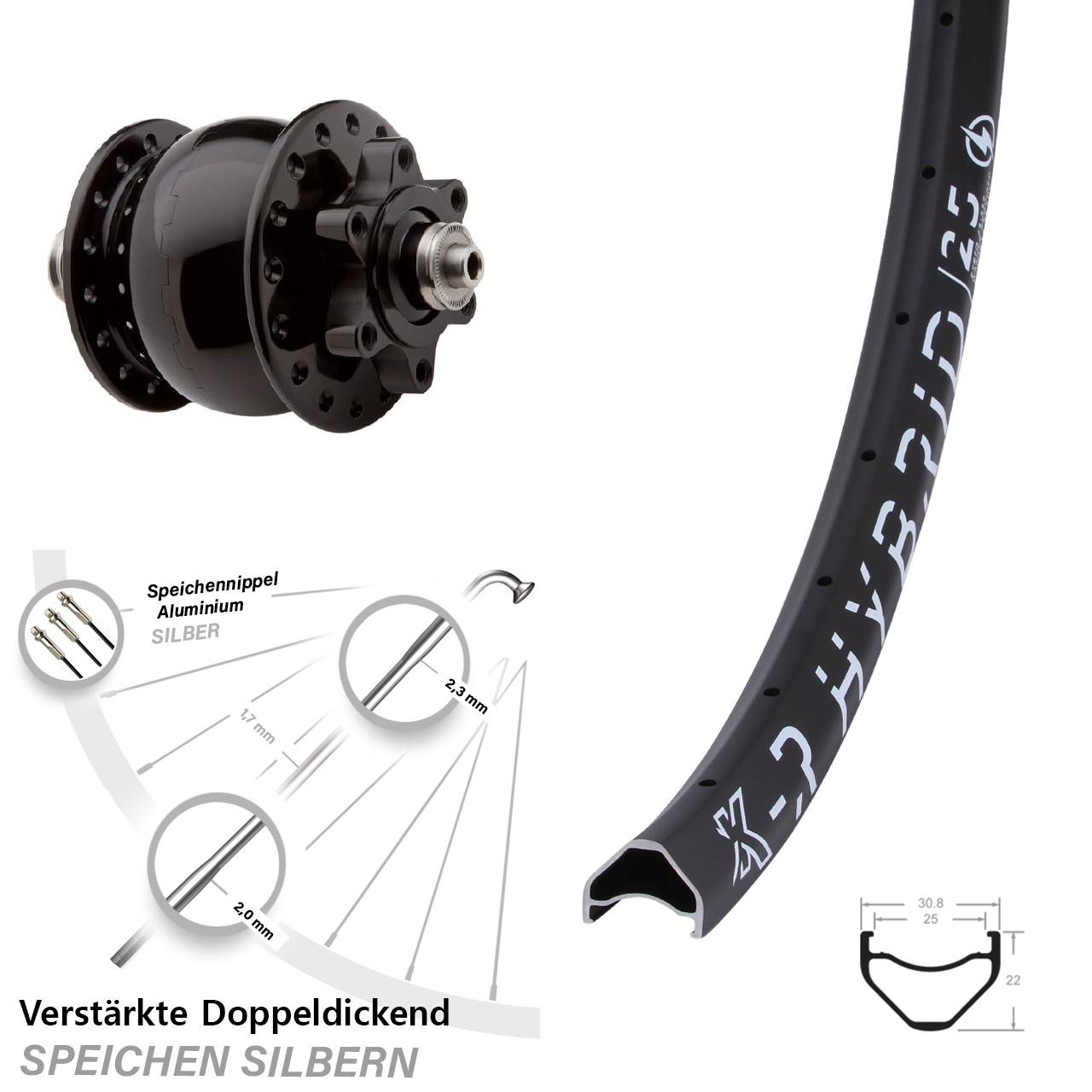 KX-R Hybrid 25 SON 28 Zoll 6-Loch Nabendynamo-Vorderrad QR