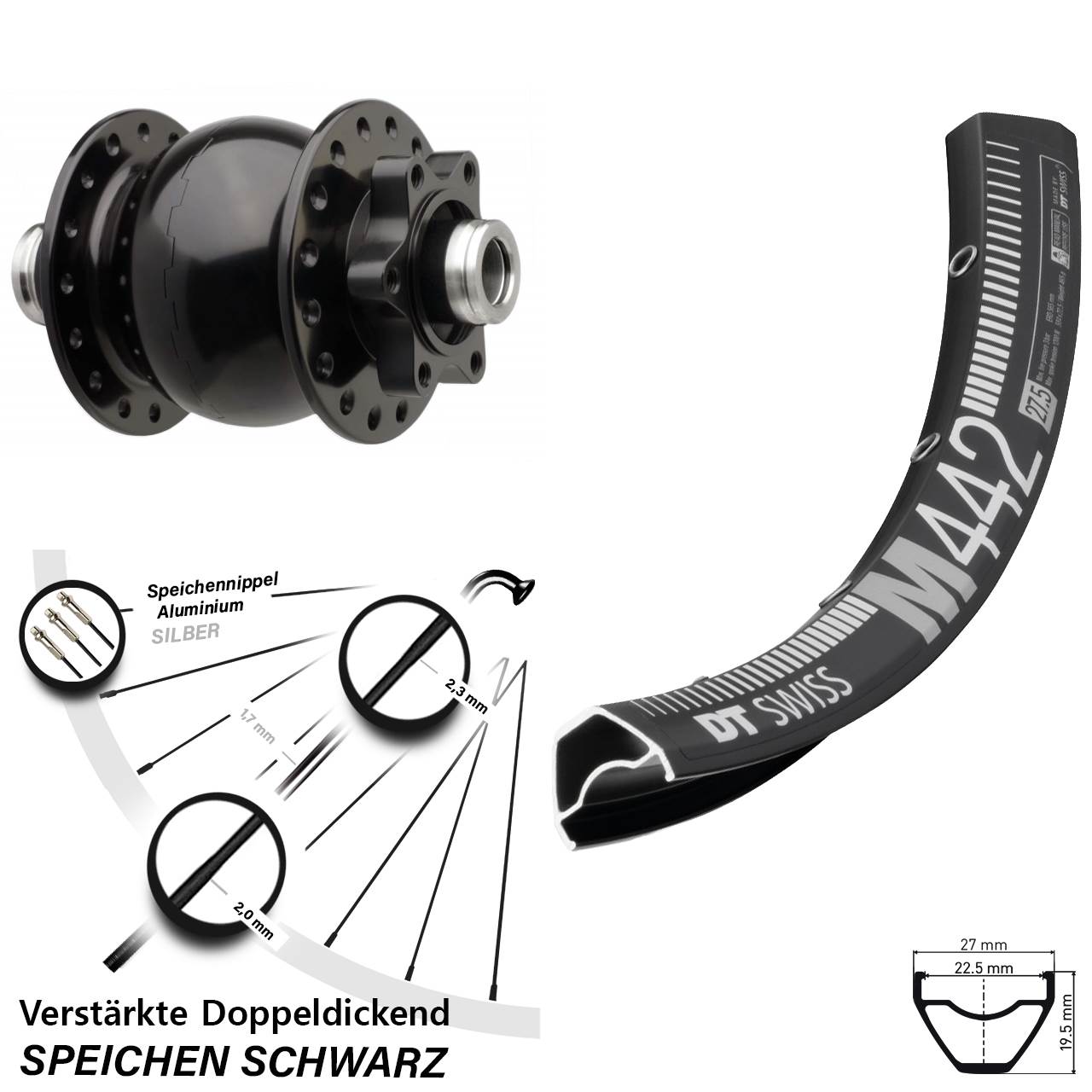 6-Loch Dynamo-Vorderrad DT Swiss M 442 SON 28 Zoll 12x110 Boost