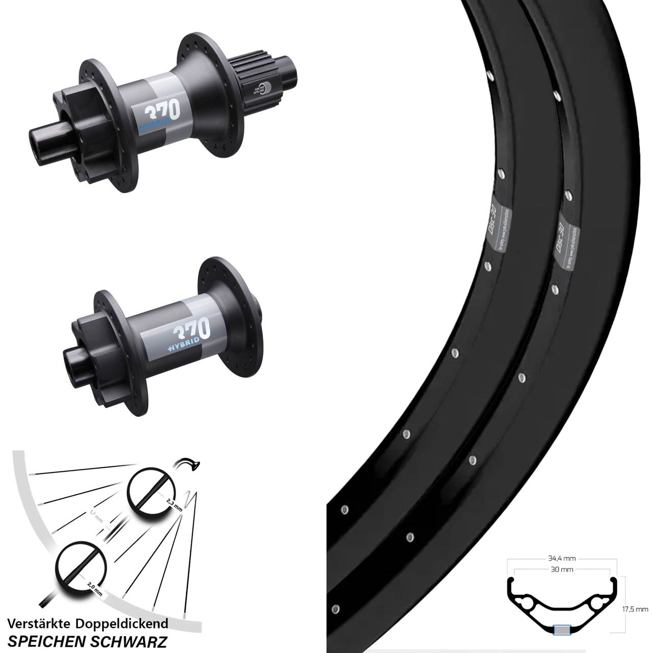 Laufradsatz 27,5 Zoll Ryde Disc 30 DT Swiss 370 Hybrid Boost Micro Spline