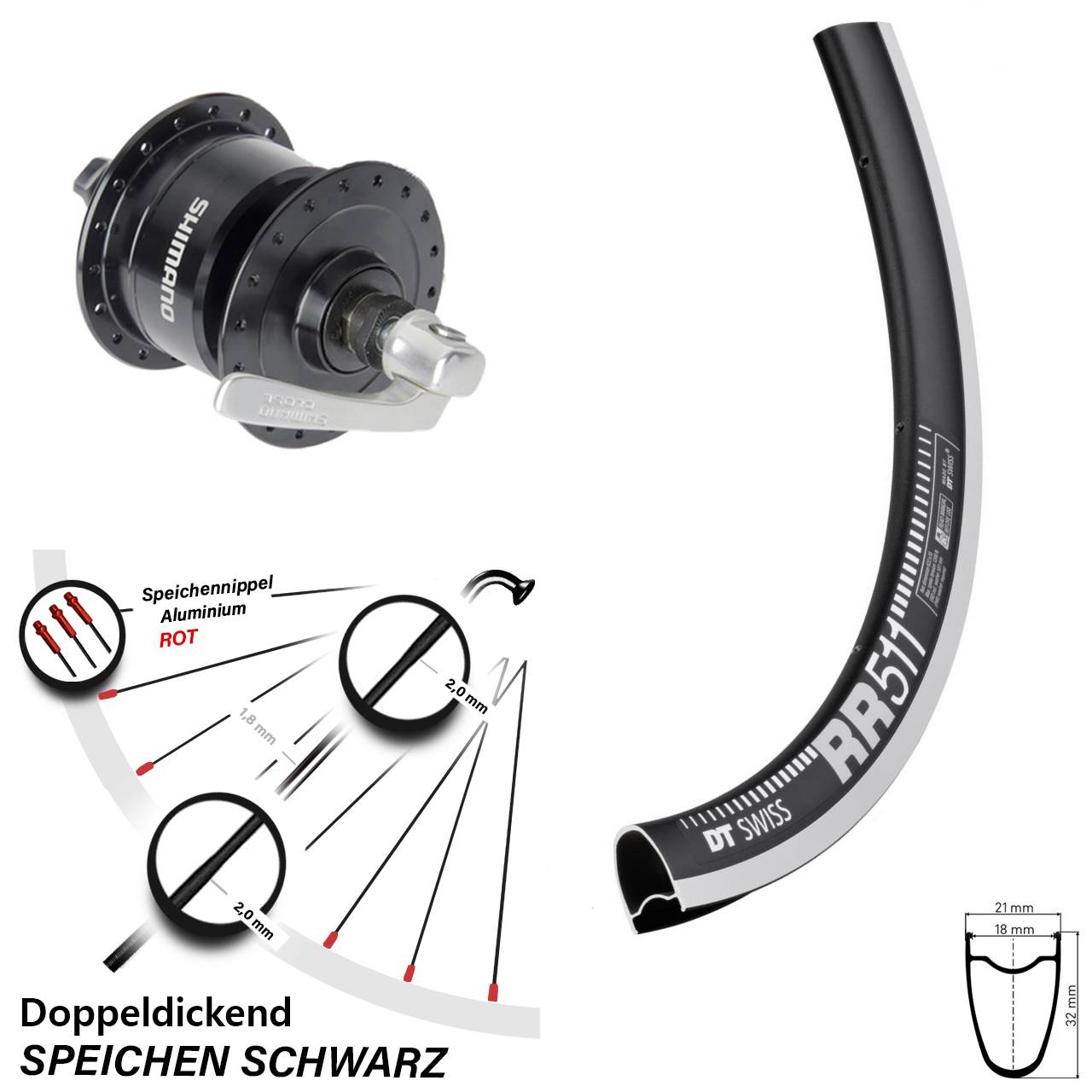 Nabendynamolaufrad für Schnellspanner 28 Zoll DT Swiss RR511 Shimano DH-3N72