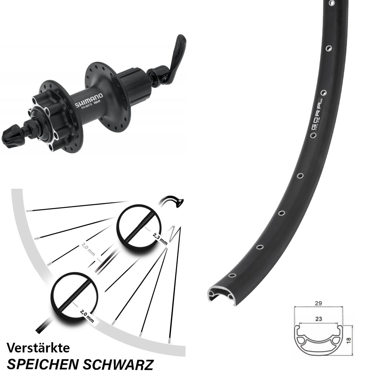 Disc Hinterrad 28-29 Zoll Gora 23 Shimano FH-M475 8-11 fach HG für Schnellspanner