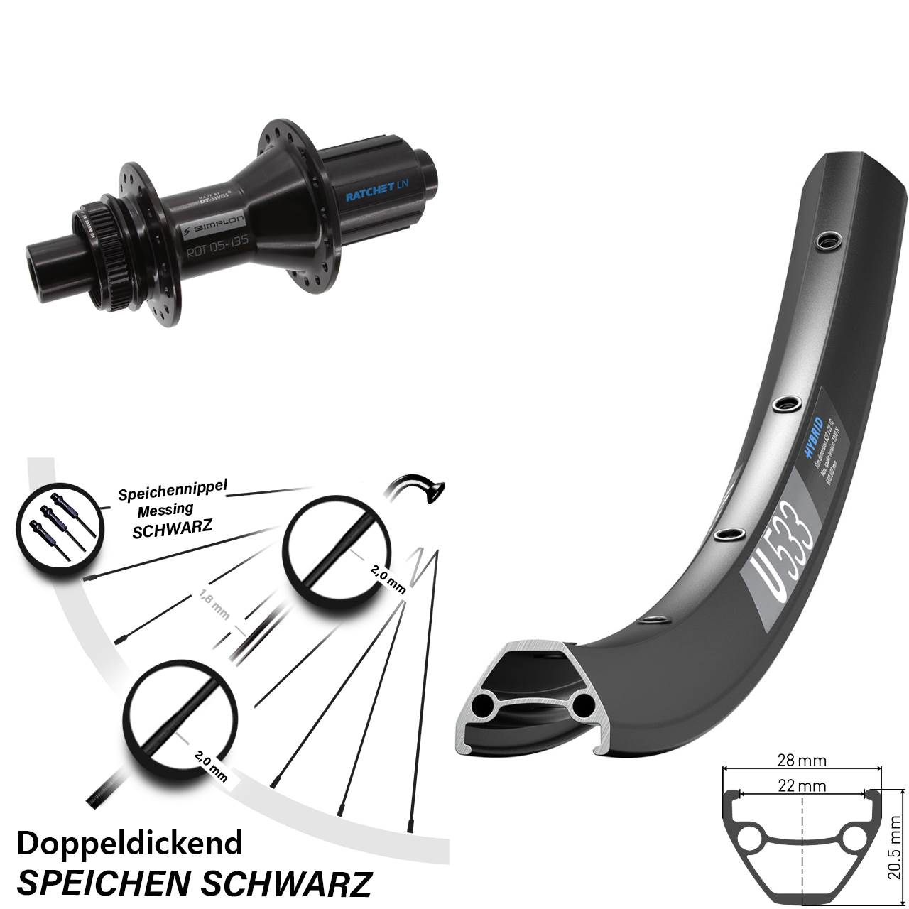 27,5 Zoll DT Swiss U533-370 Hybrid Centerlock Hinterrad 12x142 8-11 fach