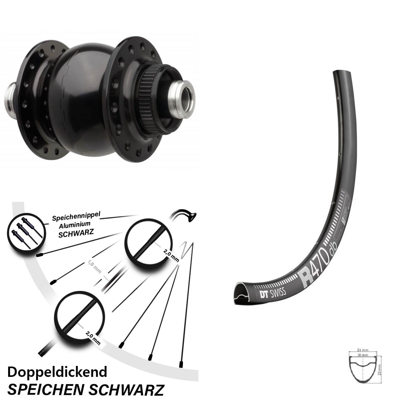 DT Swiss R 470 Disc Vorderrad SON 28 Zoll schwarz Dynamo 12x110 Steckachse