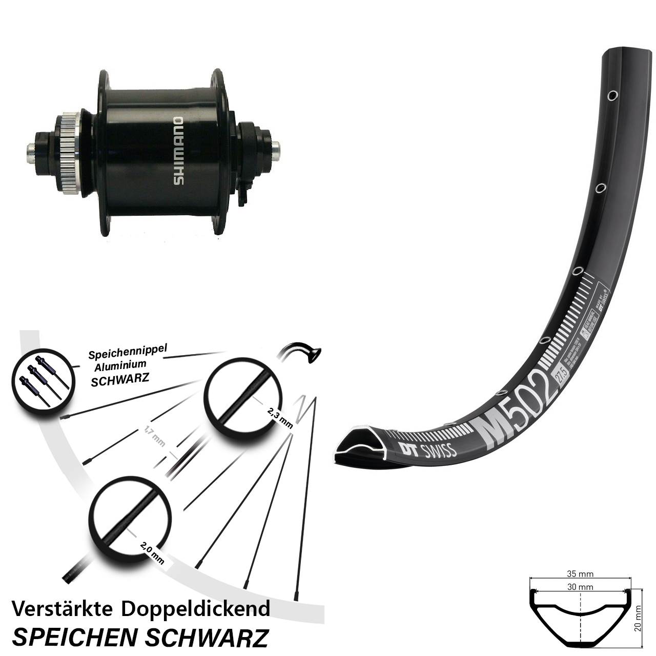 27,5 Zoll DT Swiss M 502 Shimano DH-UR700-3D Centerlock Vorderrad mit Nabendynamo QR