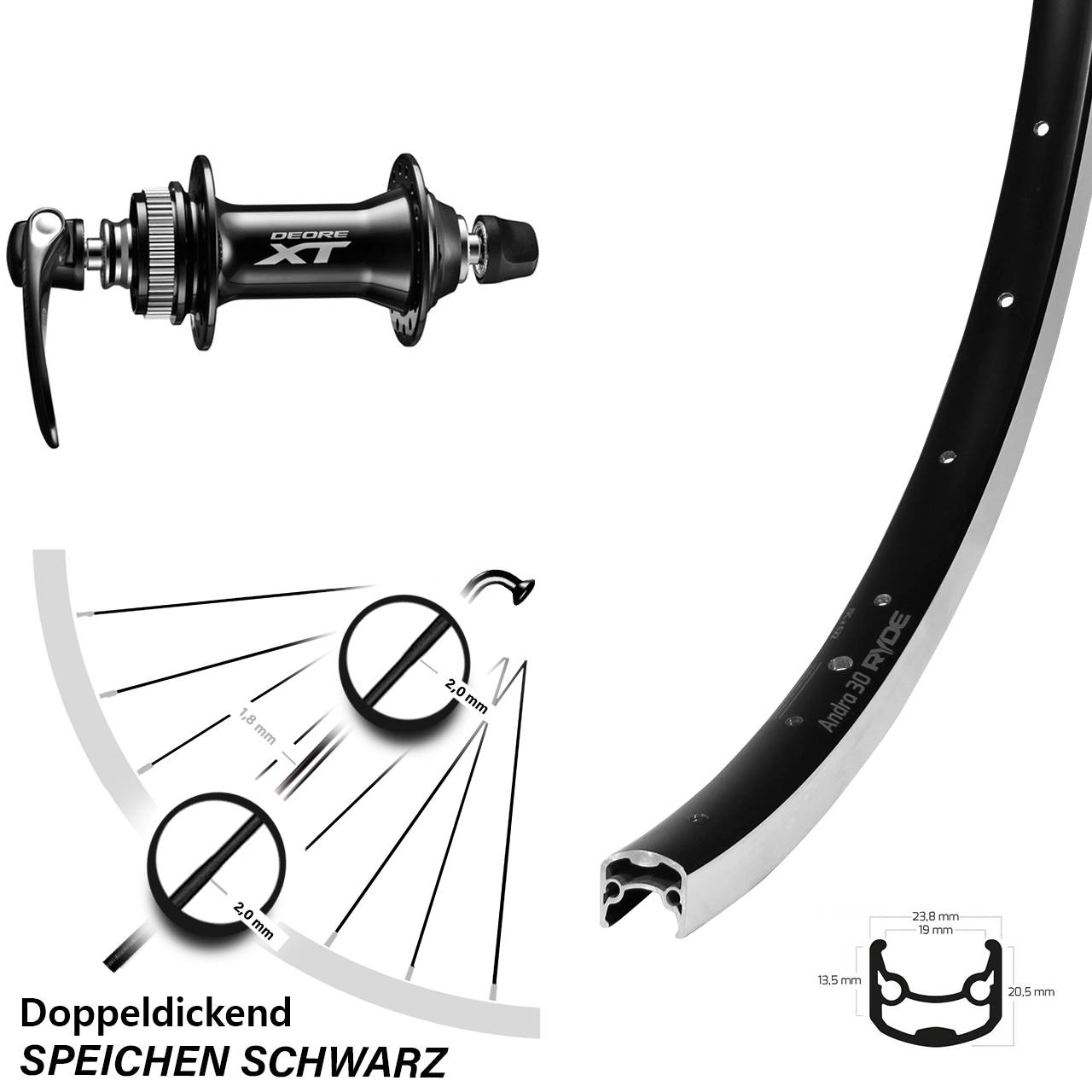 28 Zoll Ryde Andra 30 CNC Vorderrad Shimano HB-M8000 QR
