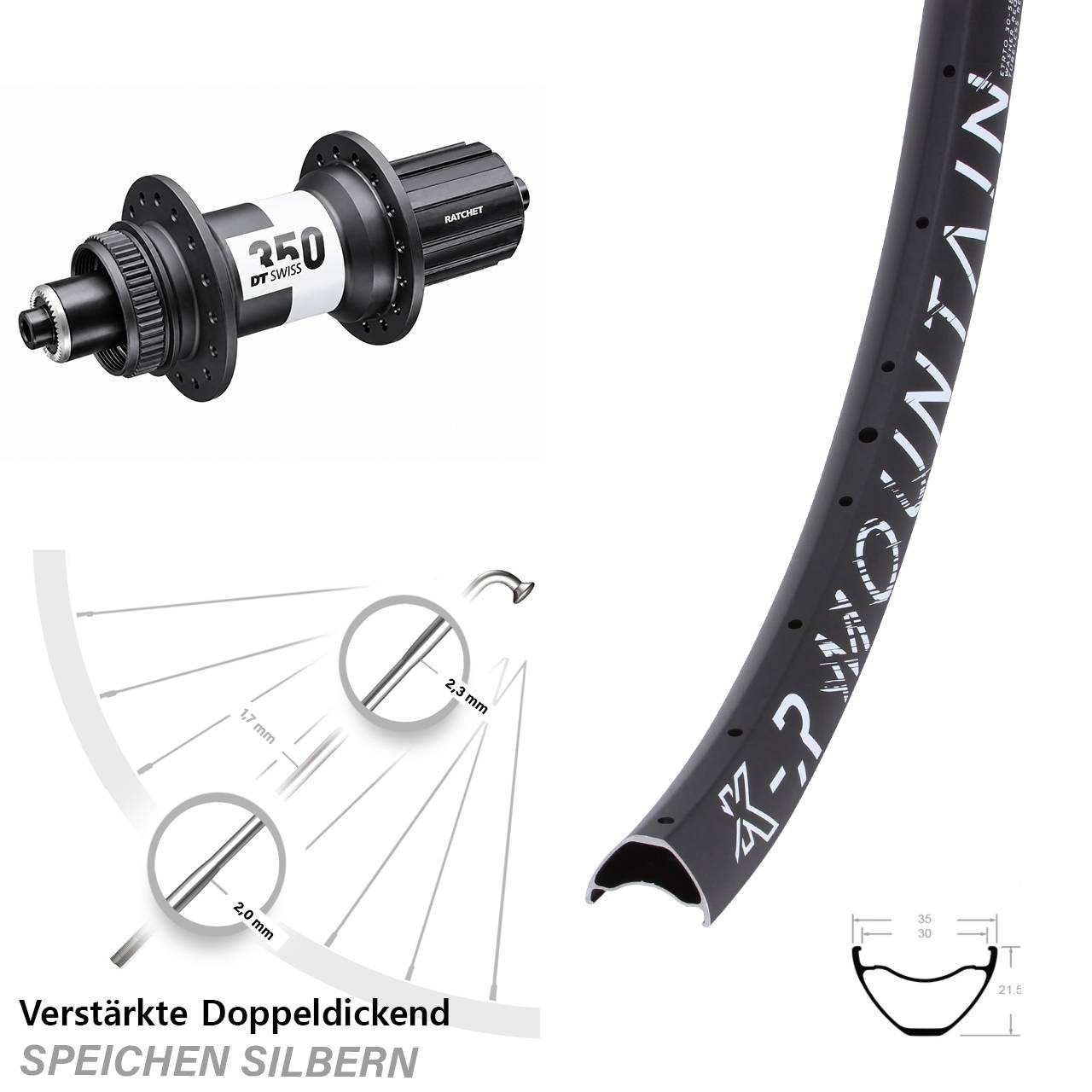 29 Zoll KX-R Mountain DT Swiss 350 Ratchet 36 Centerlock Hinterrad QR Boost 8-11 fach
