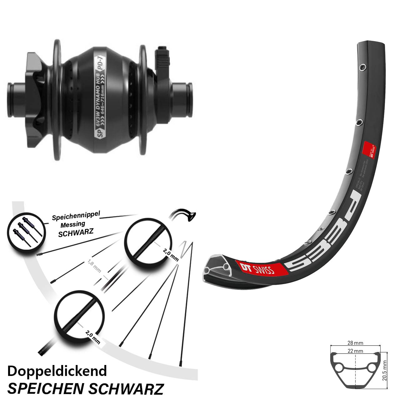 28-29 Zoll Vorderrad mit Nabendynamo DT Swiss 533 D Shutter Precision PD-7 für 6-Loch