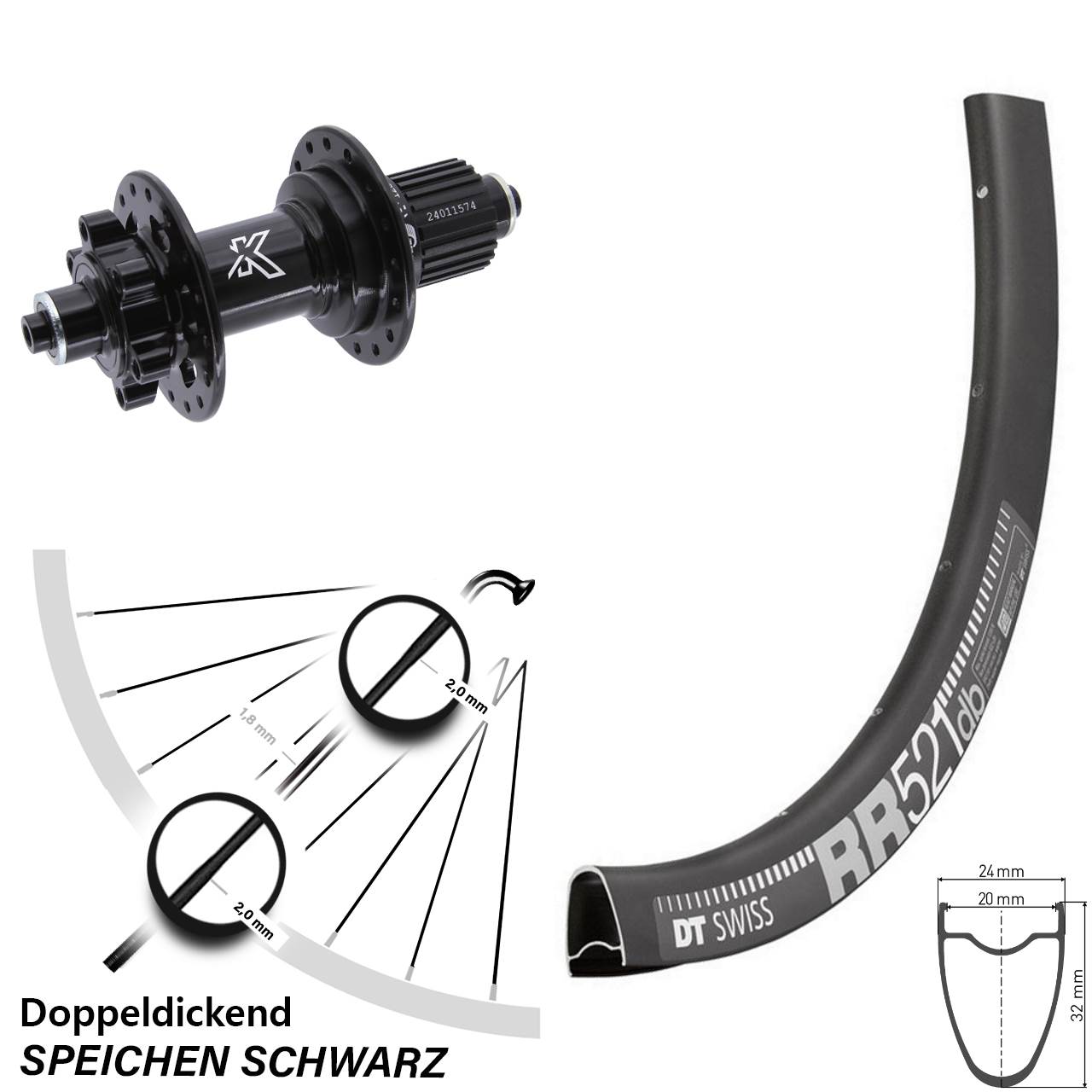28 Zoll DT Swiss RR 521 KX-M Hinterrad 6-Loch QR Micro Spline