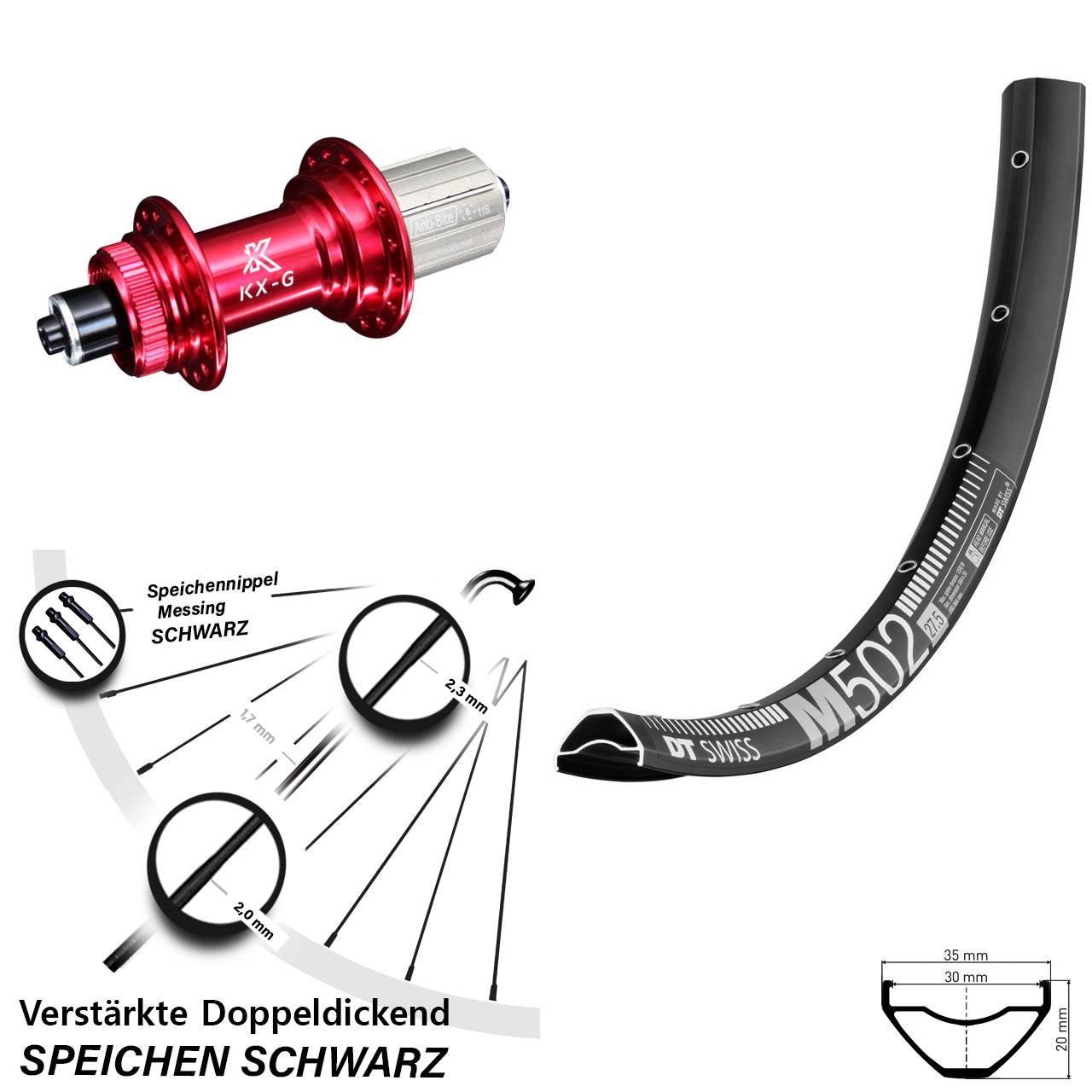27,5 Zoll DT Swiss M502 KX-G rot Centerlock Hinterrad für Schnellspanner 8-12 fach HG