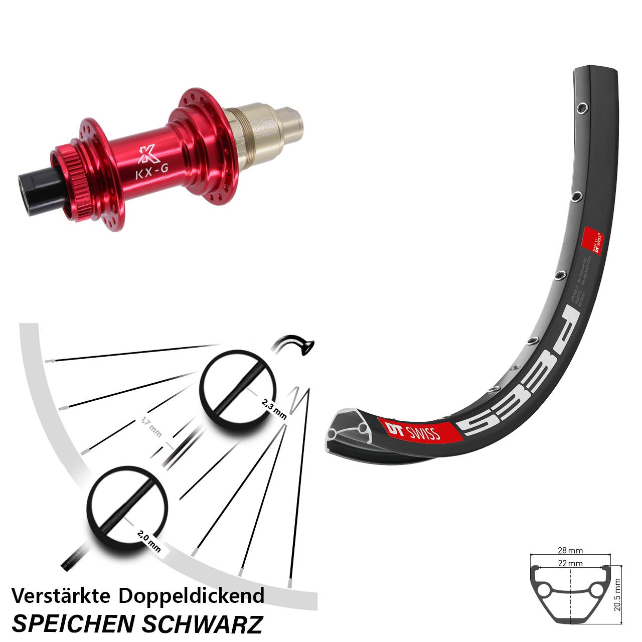 27,5 Zoll DT Swiss 533d KX-G rot Disc Laufrad 12x142 SRAM XDR