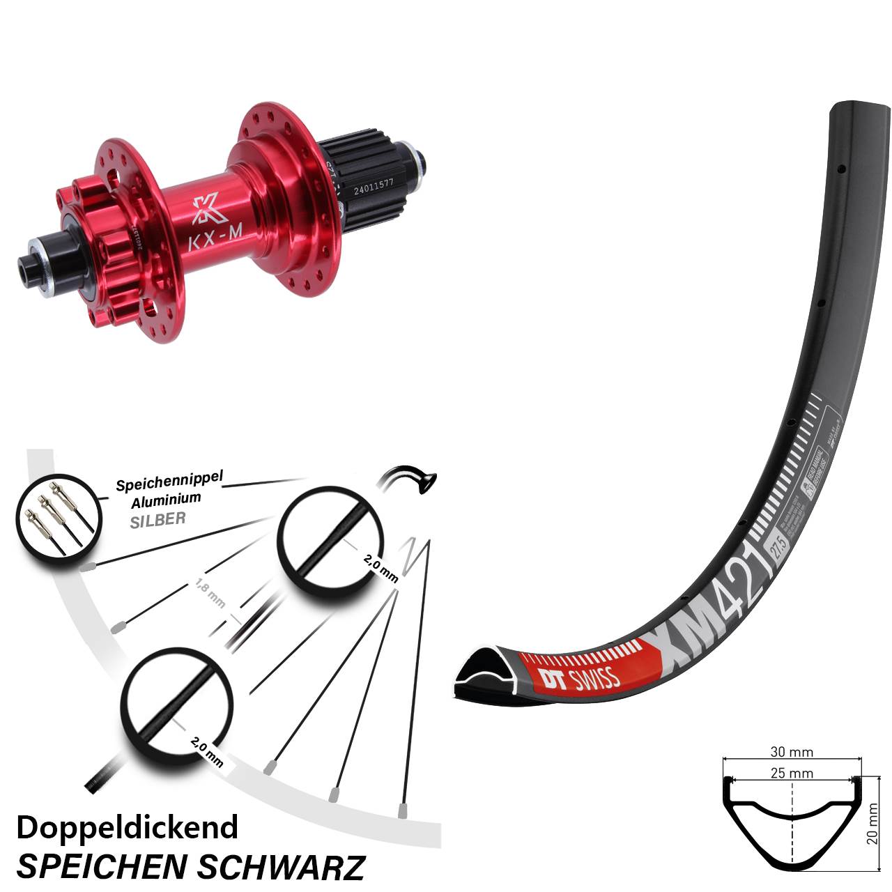 DT Swiss XM 421 KX-M rot 29 Zoll Hinterrad 6-Loch für Schnellspanner Micro Spline