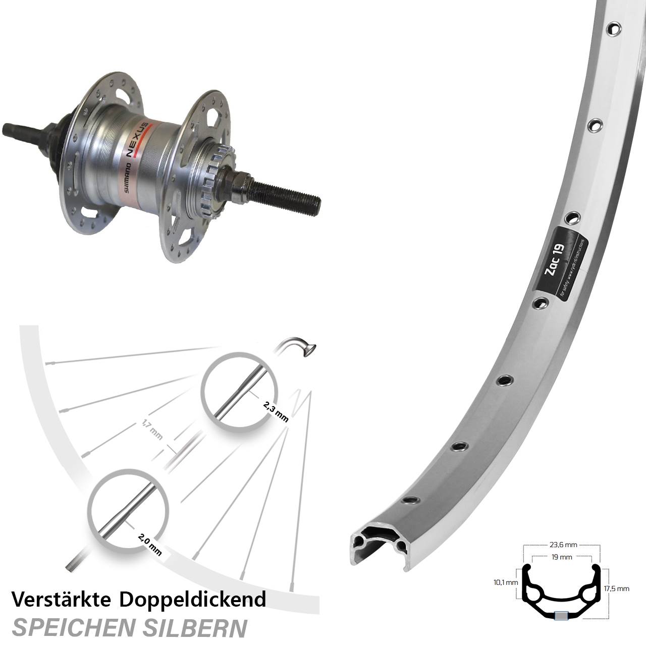26 Zoll Hinterrad Shimano Nexus 3 Gang für Rollenbremse Ryde Zac19 silbern