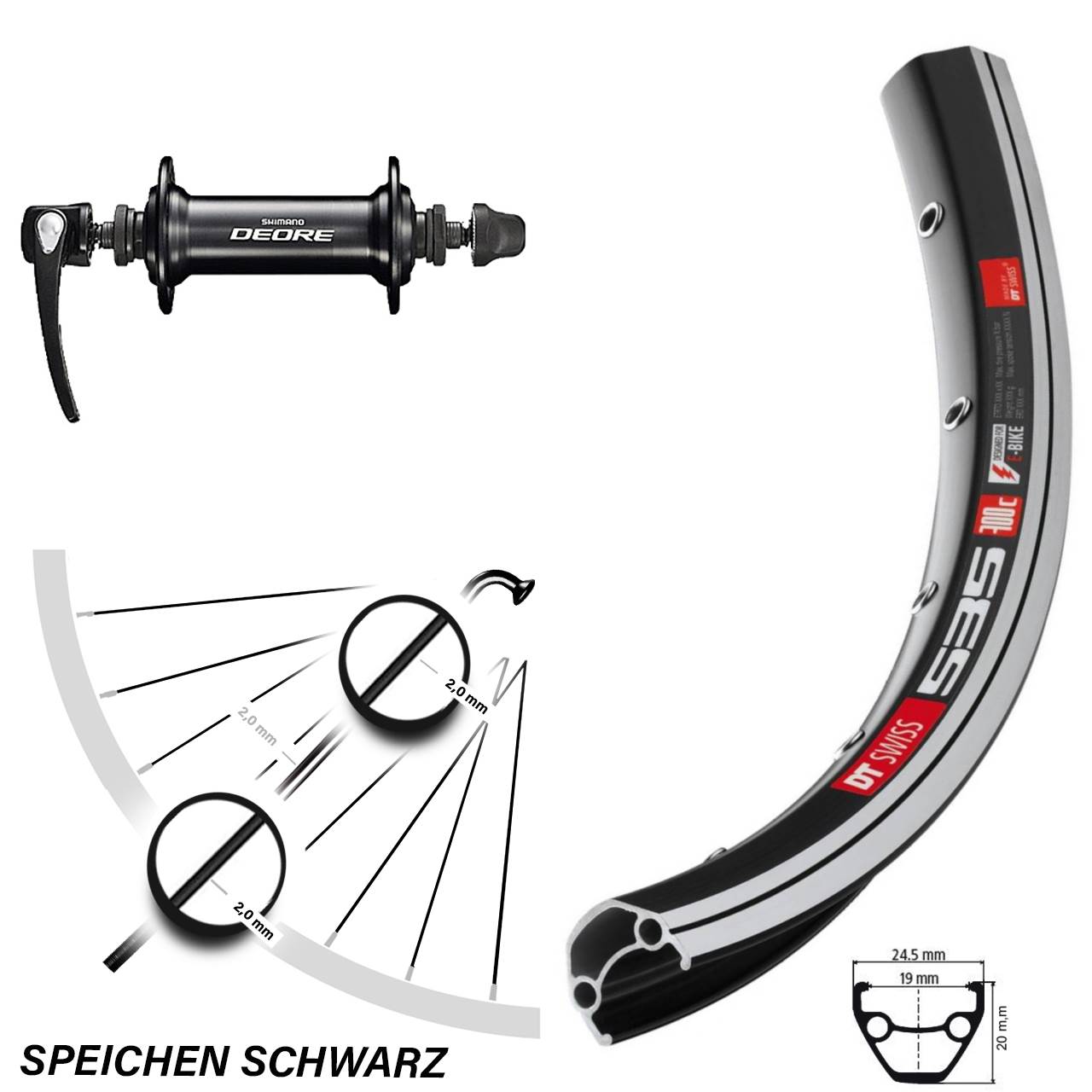 26 Zoll DT Swiss 535 Vorderrad schwarz mit Shimano Deore