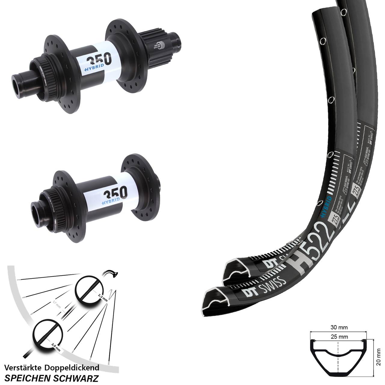 29 Zoll DT Swiss H 522-350 Hybrid Boost Disc Laufrad-Satz 15x110 12x148 Micro Spline