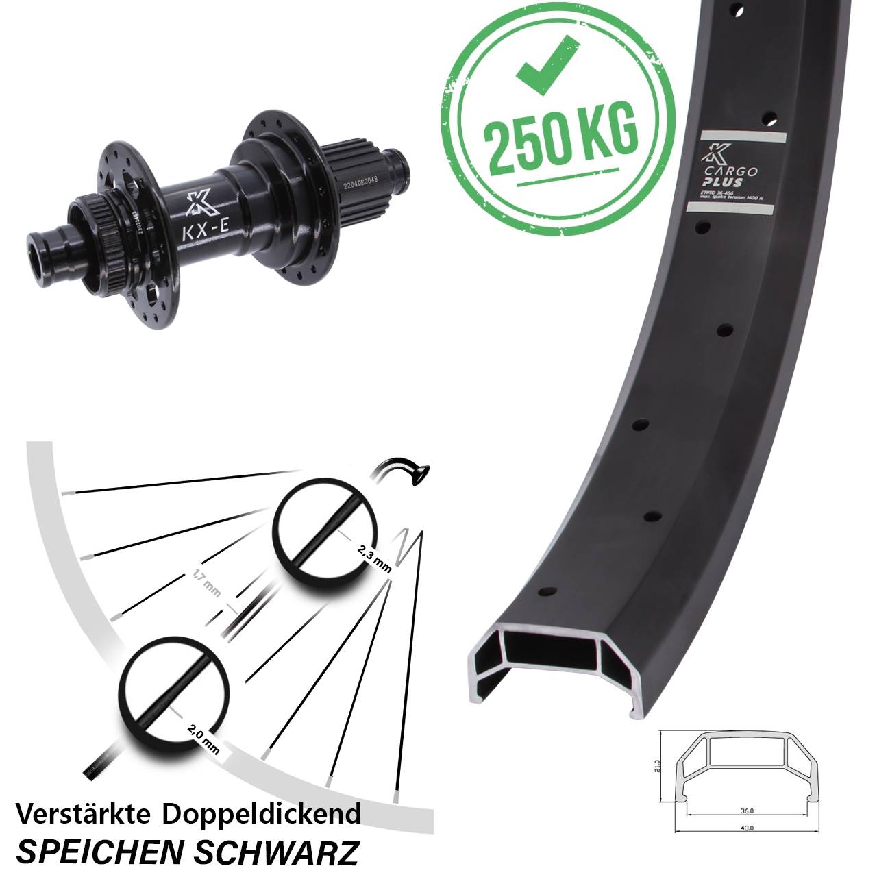 Disc Hinterrad 20 Zoll KX-E Cargo Plus Heavy Duty Shimano Micro Spline 12x148 Boost