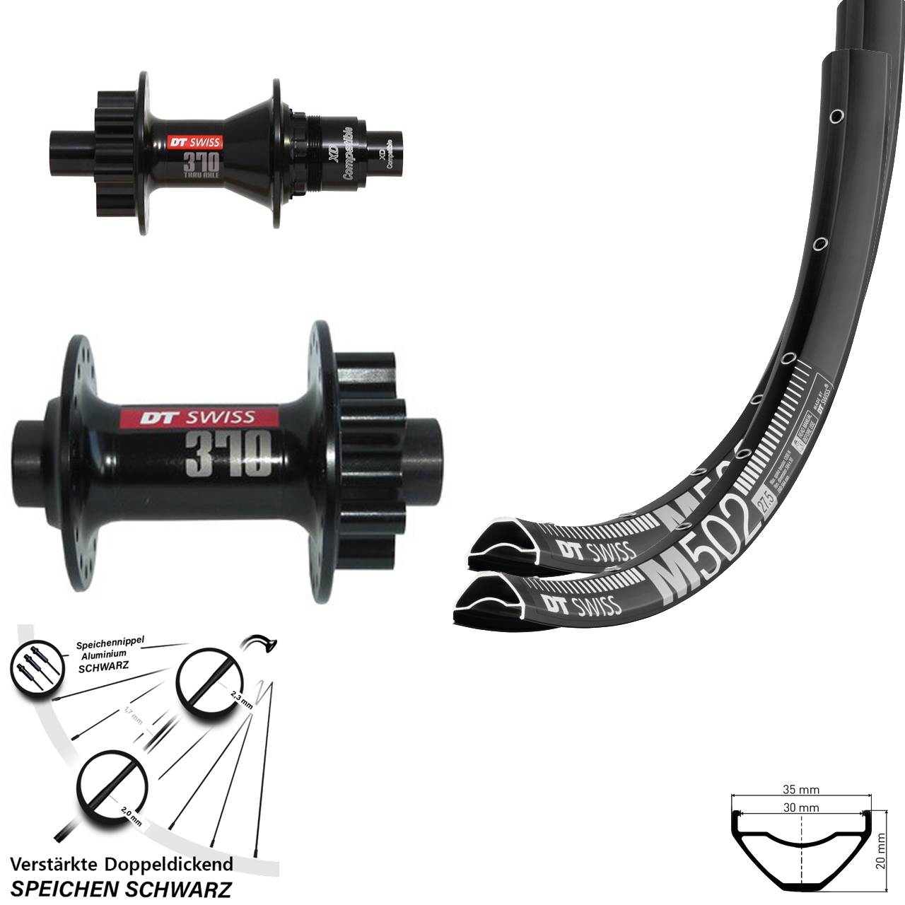 27,5 Zoll DT Swiss M 502-370 Laufradsatz 6-Loch 15x100 12x142 SRAM XD