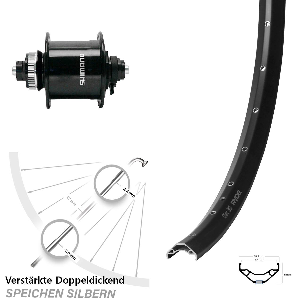 Centerlock Dynamo-Vorderrad QR 29 Zoll Ryde Disc 30 Shimano DH-UR700-3D