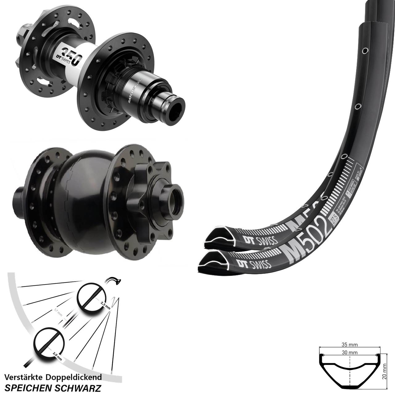 DT Swiss M502 350 DEG 72 SON 28 27,5 Zoll 6-Loch Laufradsatz 15x110 12x148 XD