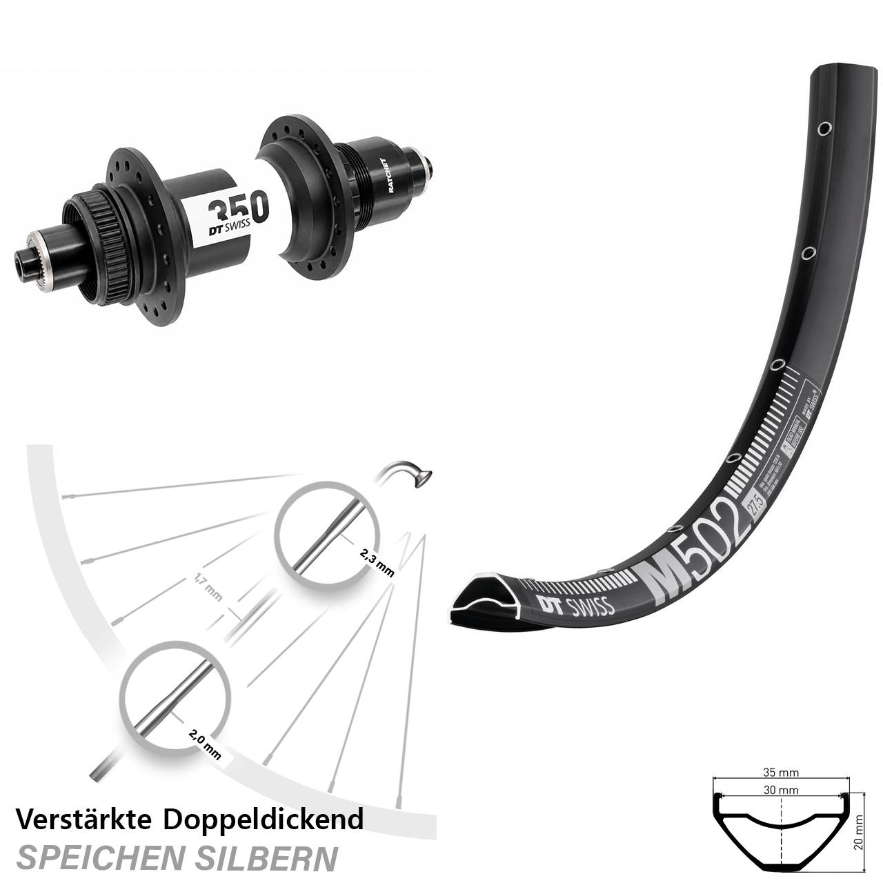 29 Zoll DT Swiss M 502-350 Disc Laufrad für Schnellspanner Boost SRAM XD