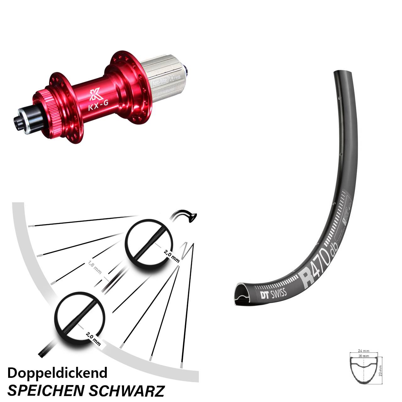 28 Zoll Hinterrad DT Swiss R 470 DB mit KX-G 8-12 fach Nabe rot-eloxiert Schnellspanner