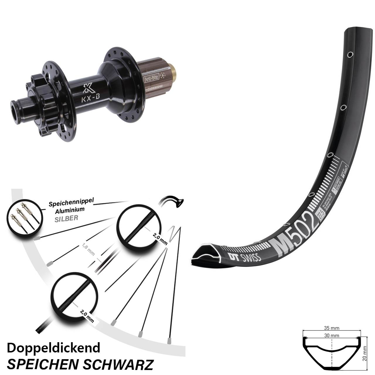DT Swiss M 502 27,5 Zoll Hinterrad KX-B 6-Loch 12x148