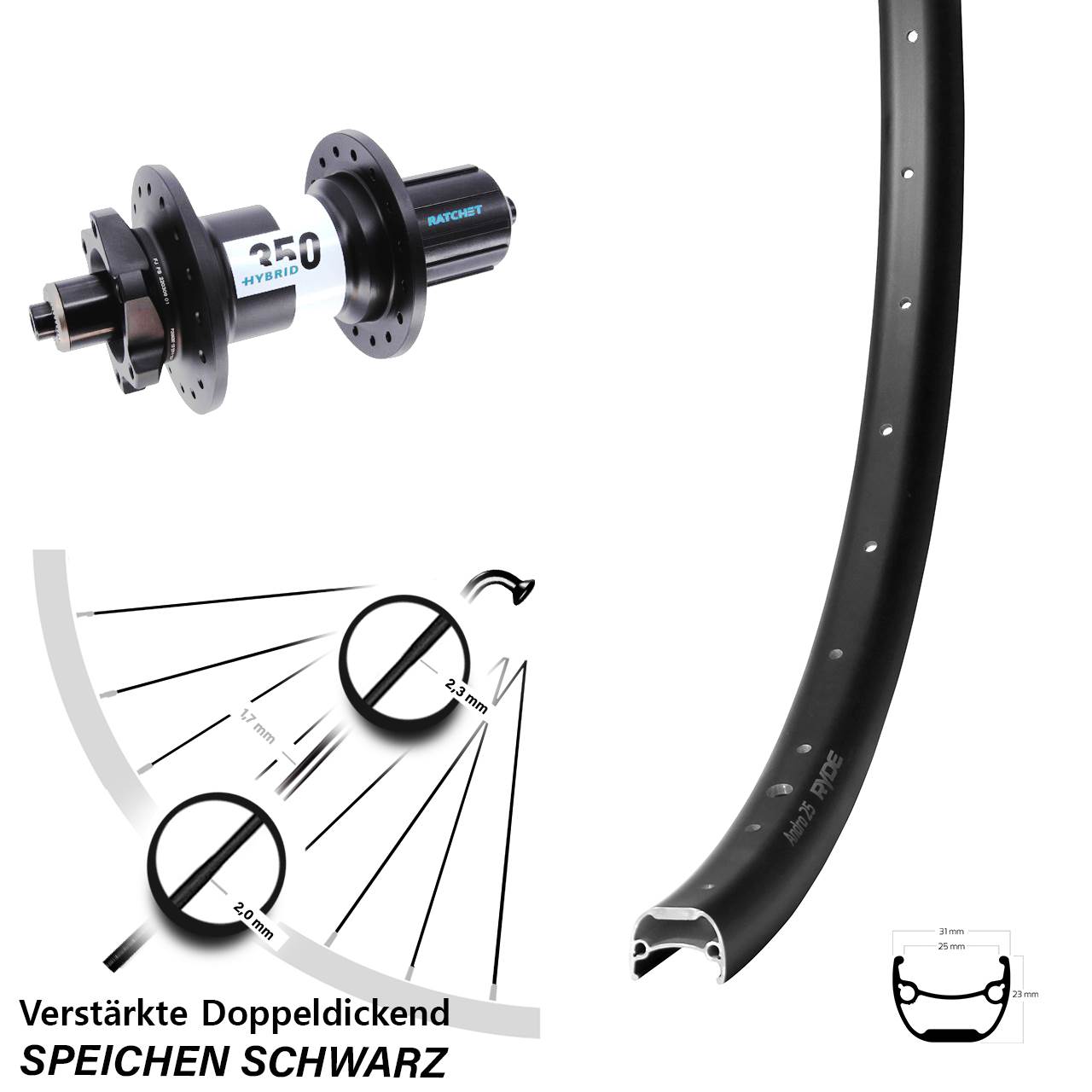 Ryde Andra 25 DT Swiss 350 Hybrid 28-29 Zoll Disc Hinterrad QR Boost 8-11 fach HG