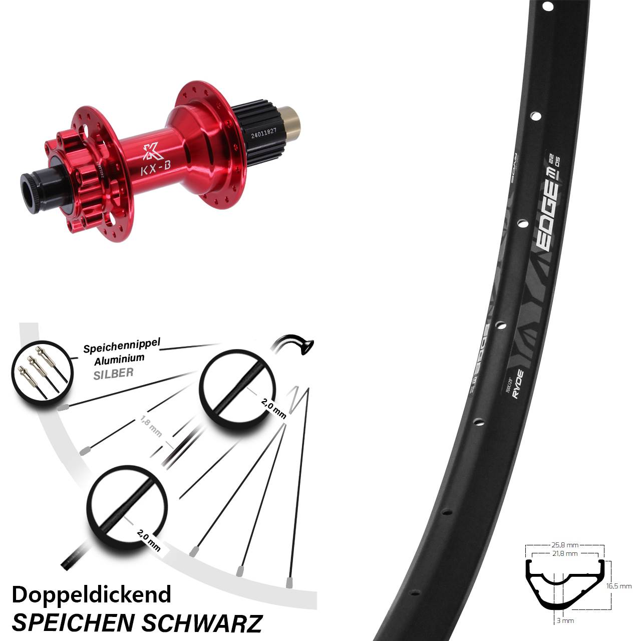 Hinterrad 6-Loch 29 Zoll Ryde Edge M22 OS KX-B rot Micro Spline 12x148