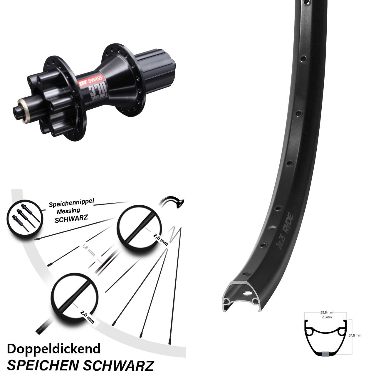 Disc Laufrad QR 28-29 Zoll Ryde ZAC 25 DT Swiss 370 Hybrid 8-11 fach HG