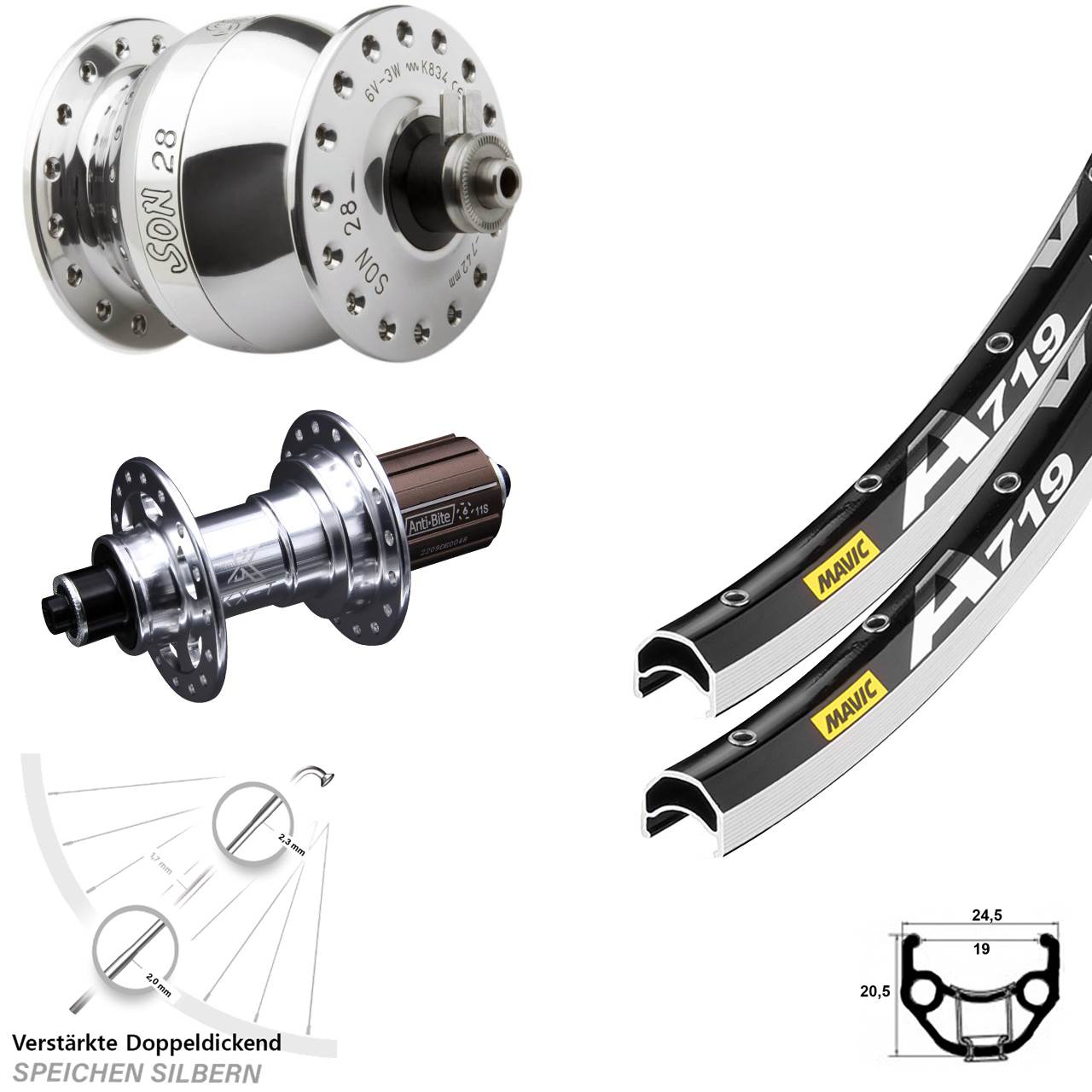 28 Zoll Mavic A719 KX-T SON 28 poliert Laufrad-Satz für Schnellspanner 8-12 fach