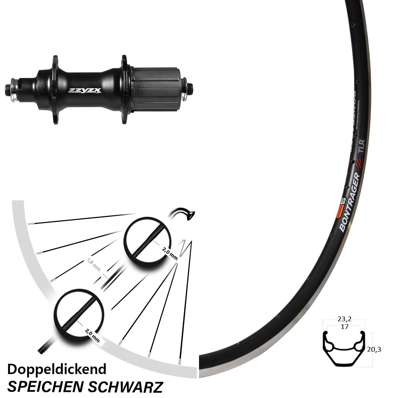 Hinterrad 28 Zoll Bontrager TLR Formula ZZYZX 5x135 mm Felgenbremse 24 Speichen schwarz