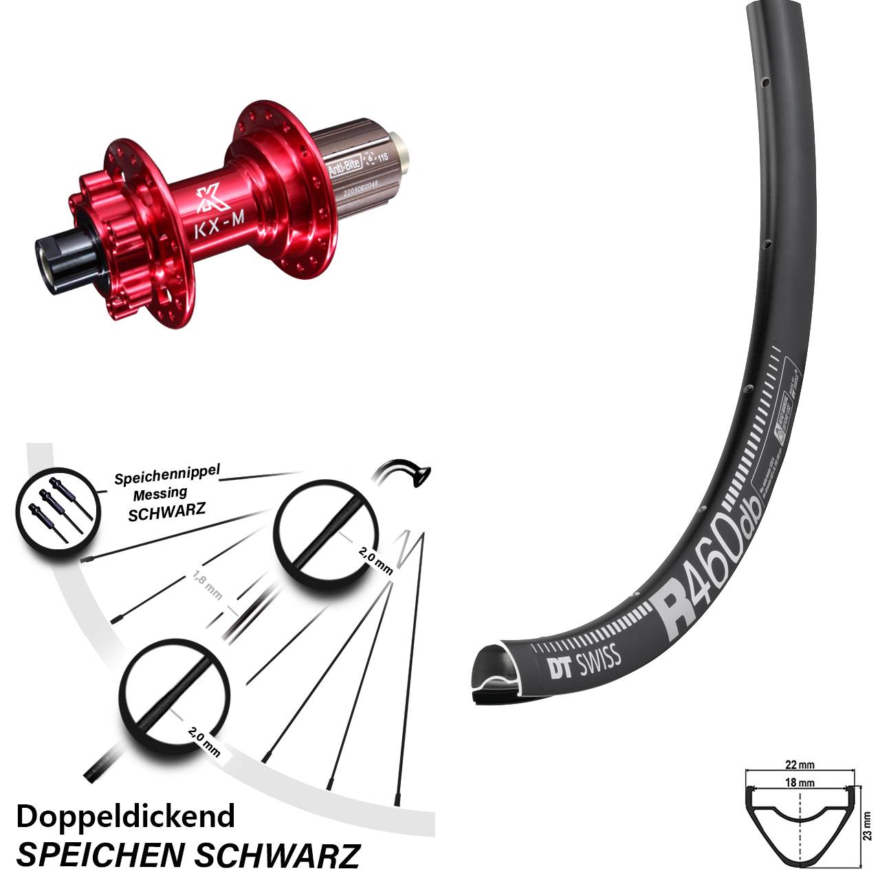 28 Zoll Hinterrad DT Swiss R 460 Disc 6-loch Nabe KX-M rot 12x142 mm 8-12 fach