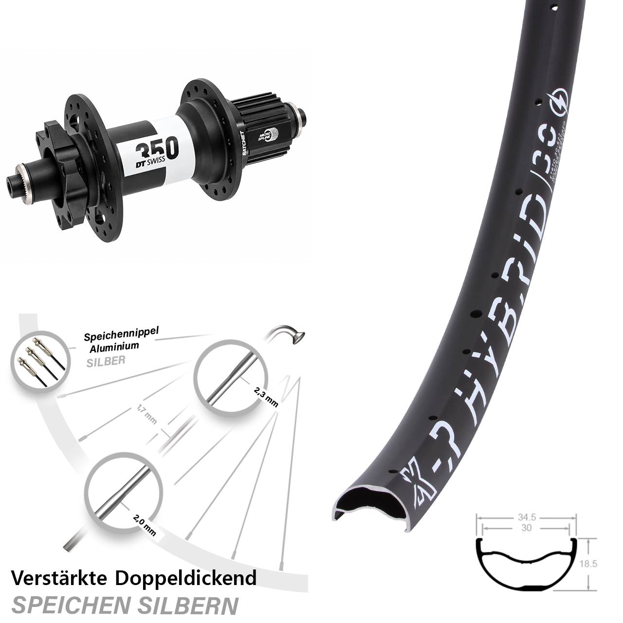 KX-R Hybrid 30 DT Swiss 350 29 Zoll Laufrad für Schnellsp. Shimano Micro Spline